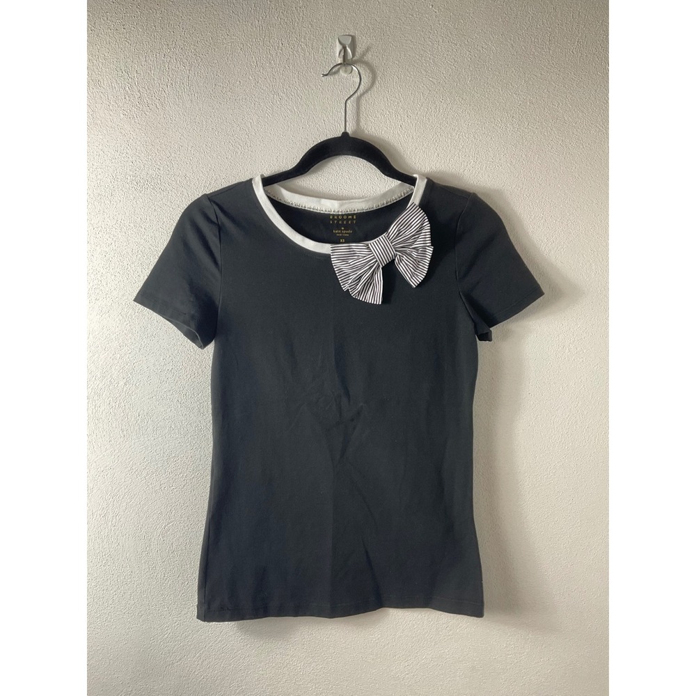 Kate Spade Broome Street T-shirt black white striped bow Sz XS